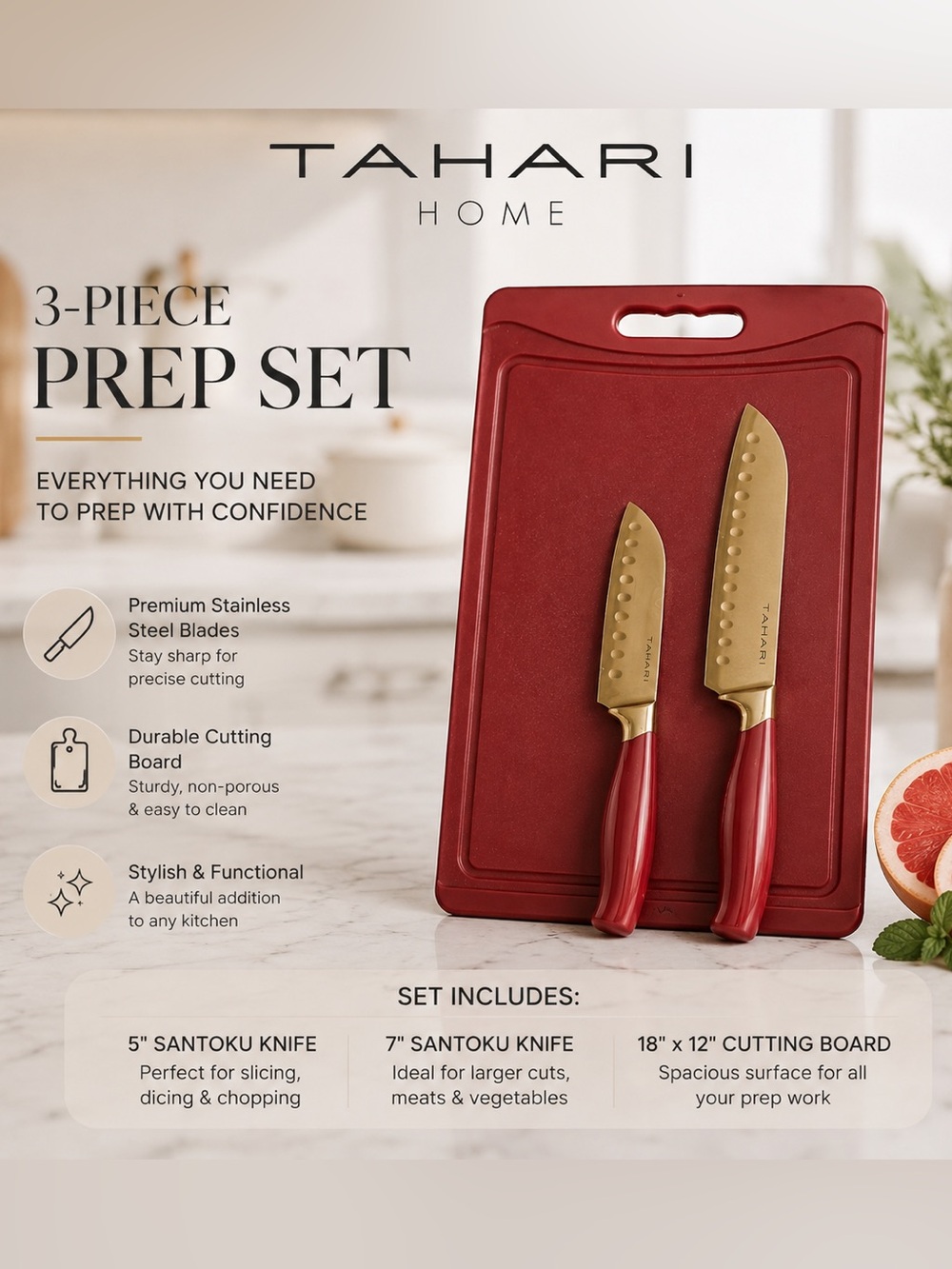 Tahari Home 3-Piece Samon Prep Set with Knives & Cutting Board